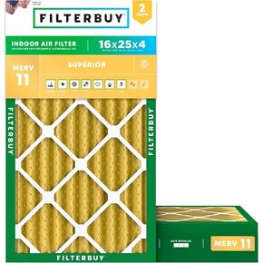 Filterbuy 16x25x4 Air Filter MERV 11 Allergen Defense (2-Pack), Pleated HVAC AC Furnace Air Filters Replacement (Actual Size: 15.38 x 24.38 x 3.63 Inches)