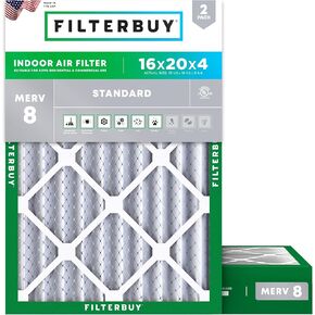 Filterbuy 16x20x4 Air Filter MERV 8 Dust Defense (2-Pack), Pleated HVAC AC Furnace Air Filters Replacement (Actual Size: 15.38 x 19.38 x 3.63 Inches)