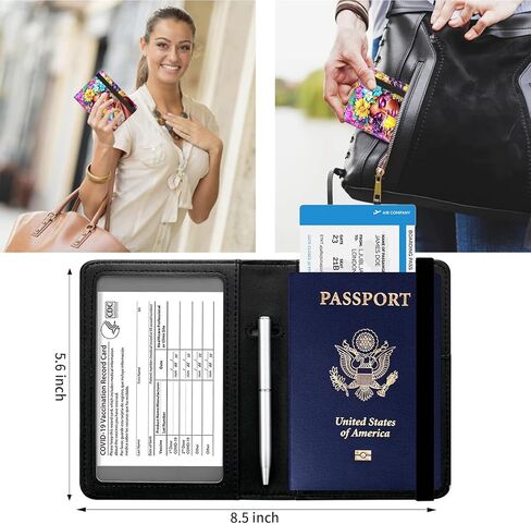 التحرير والسرد حامل بطاقة جواز السفر واللقاح، محفظة جواز السفر حامل جواز السفر، حامي منظم وثائق السفر من الجلد الأسود، مع حجب RFID، للنساء والرجال، بطاقة الائتمان، فتاة عباد الشمس الأفريقية in Kuwait