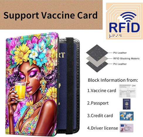 التحرير والسرد حامل بطاقة جواز السفر واللقاح، محفظة جواز السفر حامل جواز السفر، حامي منظم وثائق السفر من الجلد الأسود، مع حجب RFID، للنساء والرجال، بطاقة الائتمان، فتاة عباد الشمس الأفريقية in Kuwait