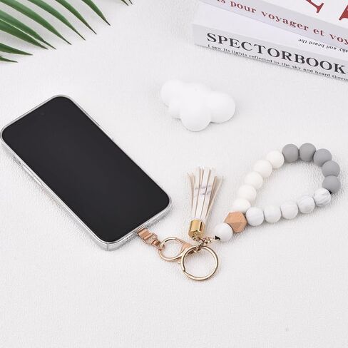 BAOSIWA Silicone Key Ring Bracelet Wristlet Keychain Unique Beaded Bangle Key Chains for Women with Leather Tassel in Kuwait
