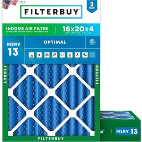 Filterbuy 16x20x4 Air Filter MERV 13 Optimal Defense (2-Pack), Pleated HVAC AC Furnace Air Filters Replacement (Actual Size: 15.38 x 19.38 x 3.63 Inches)