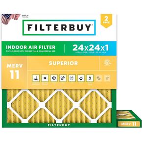 Filterbuy 24x24x1 Air Filter MERV 11 Allergen Defense (2-Pack), Pleated HVAC AC Furnace Air Filters Replacement (Actual Size: 23.38 x 23.38 x 0.75 Inches)