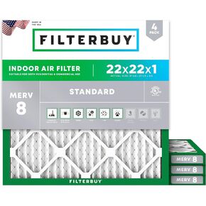 Filterbuy 22x22x1 Air Filter MERV 8 Dust Defense (4-Pack), Pleated HVAC AC Furnace Air Filters Replacement (Actual Size: 21.75 x 21.75 x 0.75 Inches)