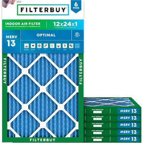 Filterbuy 12x24x1 Air Filter MERV 13 Optimal Defense (6-Pack), Pleated HVAC AC Furnace Air Filters Replacement (Actual Size: 11.38 x 23.38 x 0.75 Inches)