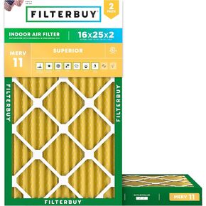 Filterbuy 16x25x2 Air Filter MERV 11 Allergen Defense (2-Pack), Pleated HVAC AC Furnace Air Filters Replacement (Actual Size: 15.50 x 24.50 x 1.75 Inches)