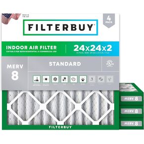 Filterbuy 24x24x2 Air Filter MERV 8 Dust Defense (4-Pack), Pleated HVAC AC Furnace Air Filters Replacement (Actual Size: 23.38 x 23.38 x 1.75 Inches)