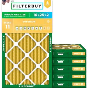 Filterbuy 16x25x2 Air Filter MERV 11 Allergen Defense (6-Pack), Pleated HVAC AC Furnace Air Filters Replacement (Actual Size: 15.50 x 24.50 x 1.75 Inches)