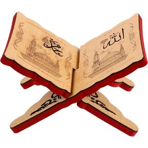 PRETYZOOM Islam Eid Books Shelf Wooden Eid Mubarak Prayer Book Stand Koran Holy Bible Books Storage Display Rack Ramadan Reading Shelf for Mubarak Muslim Party Ornament 20x14CM