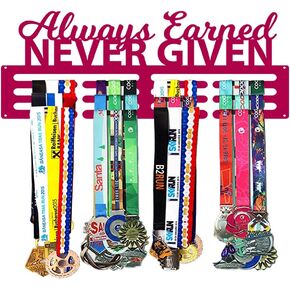 Always Earned Never Given Medal Hanger Wall Display - Metal Wall Medal Display - Sports Medal Hanger Display for Kids, Adults - Medal Holder Display Hanger Rack Medals - Made in USA - Black