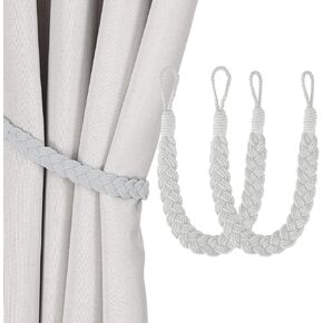 Home Queen Hand Braided Curtain Tie Back, Buckle Holdback Drapery Curtain Tiebacks, 2 Rope Cotton Belt Curtain Tie with 2 Metal Hooks, Off White