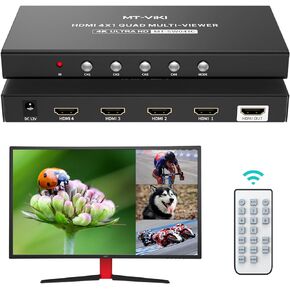 MT-VIKI 4K HDMI Multiviewer 4x1 w/IR Remote, 4K@30Hz Seamless HDMI Switcher 4 in 1 Out for PS4/PS5/Security Camera