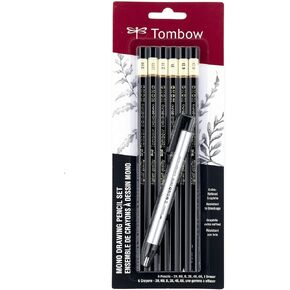 Tombow 61002 Mono Drawing Pencil, Combo Pack with Zero Eraser, Graphite 6-Pack, Black, 0.5mm
