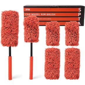 SPTA Car Wheel Brush Set, 2Pcs Microfibre Rim Brush with Extra 2 Large and 2 Small Interchangeable Microfiber Covers, Rim Cleaner Brush for Wheel Cleaning, Wheel Cleaning Brush for All Wheel Types