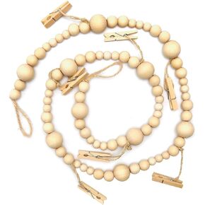 UOIENRT Wooden Beaded Garland, Farmhouse Hanging Garland Boho Style Photo Display for Classroom, Dormitory Decoration, Hanging Cards (4Ft)