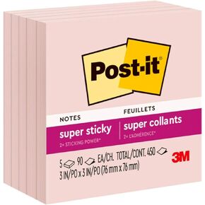 Post-it Super Sticky Notes, 5 Sticky Note Pads, 3 x 3 in., School Supplies, Office Products, Sticky Notes for Vertical Surfaces, Monitors, Walls and Windows,Pink Salt