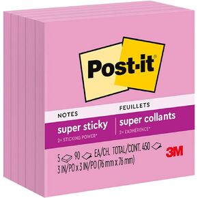 Post-it Super Sticky Notes, 5 Sticky Note Pads, 3 x 3 in., School Supplies, Office Products, Sticky Notes for Vertical Surfaces, Monitors, Walls and Windows,Tropical Pink