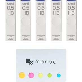 Uni Pencil Lead,"The Uni" Smudge-Proof Leads, 0.5mm HB, 5 Pack &"monoc" Sticky Note(Japan Import)
