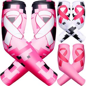 Geyoga 3 Pairs Breast Cancer Awareness Sleeves Pink Ribbon Arm Sleeves Cooling Compression Arm Covers UV Protection in Kuwait