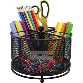 Pen Holder for Desk, 360 Rotating Mesh Pencil Organizer Marker Storage Caddy, Black Large Capacity Desktop Stationery Organizer, 4 Compartments for Home Office School Kids Art Supplies