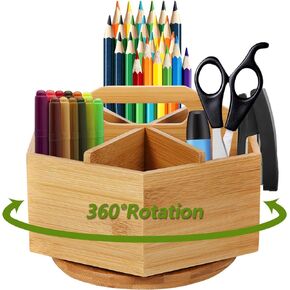 Marbrasse Bamboo Art Supply Organizer, Rotating Pencil Pen Holder, Office Supplies Desktop Storage Caddy, Like Colored Pencils, Pen, Markers, Paint Brushes