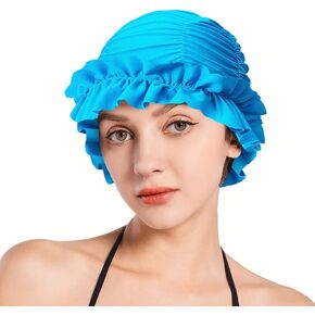 Women Swim Bathing Cap Vintage Elastic Swim Turban Retro Ruffles Swimming Hat Pool Party Ruffles Beanie Cap Non-Waterproof