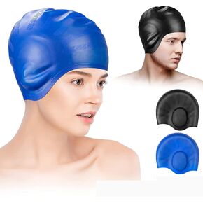 قبعات سباحة للجنسين مع حماية ثلاثية الأبعاد للأذن، قبعات سباحة مرنة متينة من السيليكون للنساء والرجال والأطفال والبالغين، قبعات سباحة للاستحمام للشعر القصير/الطويل، قبعة سباحة لحماية الأذن (أسود + أزرق) in Kuwait