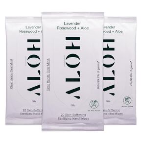 ALŌH Lavender Rosewood + Aloe Sanitizing Hand Wipes - Clean Hands, Clear Mind - On The Go Hand Sanitizer Wipes for Kids and Adults - Travel Size 3 Pack, 20ct Wipes (60 wipes)