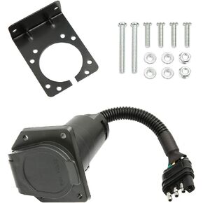 MITZONE 4-Way Flat to 7-Way Round Blade Trailer Light Adapter Wiring Reverse Plug Connector with Mounting Bracket & Screws & Nuts for Truck RV Side to Trailer Side Towing Solutions