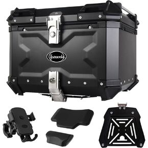45L Motorcycle Top Case, Aluminum Alloy Universal Motorcycle Tail Box with Backrest ＆ Phone Mount Holder, Dual-key Storage Luggage Trunk (Black, 45L)