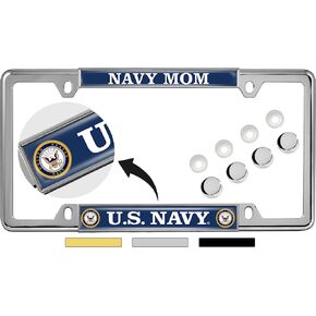 [Officially Licensed Product] - U.S. Navy Mom with Eagle, Anchor logo - Domed Custom-Made Personalized Narrow (Thin) Top 4 hole Metal Car License Plate Frame with FREE caps - Black (Qty: 1 Frame)
