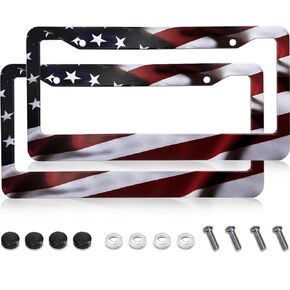 American Flag License Plate Frames - AIRXWILLS 2 Packs Universal Narrow Aluminum License Plate, Gloss Patriotic License Plate Cover for Car for Men with Free Screws Fasteners Caps.