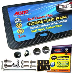 Aootf Carbon Fiber License Plate Frame - Aluminum License Plate Cover Handmade Covering 100% Real Carbon Fiber | Stainless Steel Tamper Proof License Plate Screws, Caps, 2 Hole Gloss Slim Frame-1 Pack