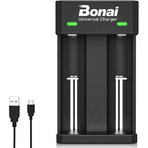 BONAI Battery Charger for 1.2V Ni-MH Ni-Cd AA AAA C D Rechargeable Batteries, All Types of 3.7V Lithium Batteries - 2 Slots USB Charger