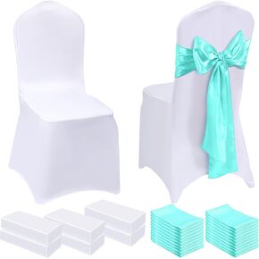 Mepase 100 Pcs Wedding Chair Covers 50 Stretch Spandex Chair Covers with 50 Decorative Elastic Chair Sash Silk Chair Bows for Wedding Banquet Dining Kitchen Party Decoration(Black, White)