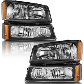 Headlights for 03-07 Chevy Silverado1500/2500/3500/1500HD/2500HD,03-06 Avalanche 1500/2500 Pickup, Black Housing amber Reflector Left+Right