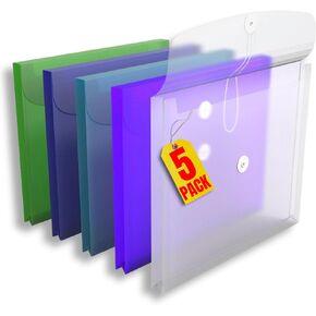 1InTheOffice Poly Envelopes Expandable Plastic Clear Envelope with Button & String Closure, Letter Size, Assorted Colors, 5 Pack