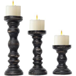 Rustic Farmhouse Wood Pillar Candle Holder Set of 3 for Candlestick, Brown