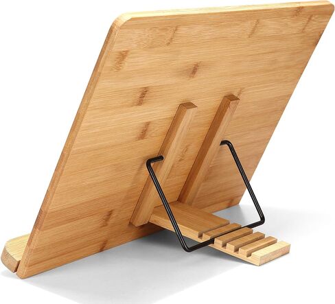 Large Bamboo Book Stand - Adjustable Foldable Book Holder Tray with Page Holder Clips - Holds Cookbooks, Receipe Books, Textbooks, Tablets, Laptops, Music Books, Documents - 15.2" x 11.2" Main Board in Saudi Arabia