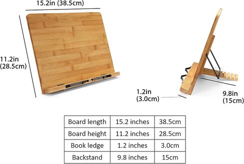 Large Bamboo Book Stand - Adjustable Foldable Book Holder Tray with Page Holder Clips - Holds Cookbooks, Receipe Books, Textbooks, Tablets, Laptops, Music Books, Documents - 15.2" x 11.2" Main Board in Saudi Arabia