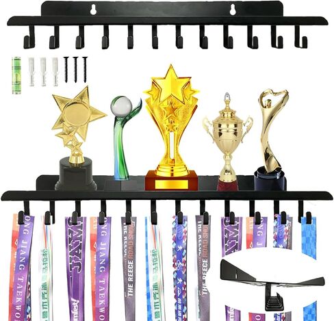 Medal Hanger Display Trophy Shelf with 12 Hooks, Non-Slip Sturdy Metal Medals Holder, Medals Rack for Wall Hanging, Medal Hanger Display For Wall, Race Medal Display For Gymnastics, Race, Soccer, Swim in Saudi Arabia