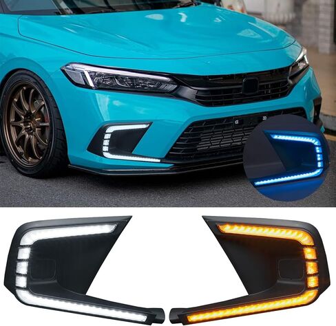For 11th Gen Honda Civic DRL 2021 2022 Daytime Running Lights Front Fog Lights with Dynamic Amber Turn Signal Lights Front White DRL Lamps Black (DRLCIVI2021) in Kuwait