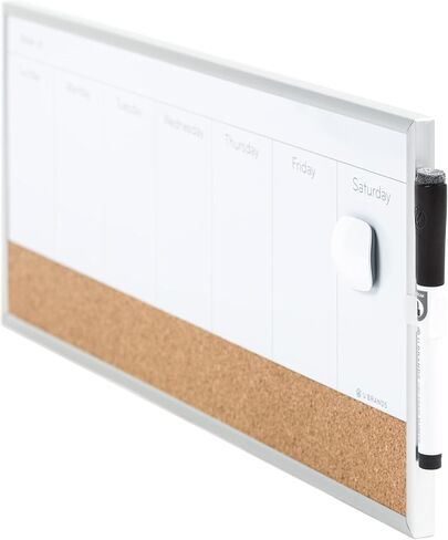 U Brands Magnetic Dry Erase Weekly Calendar Board With Cork Strip, 18"x7.5", Silver Aluminum Frame, Includes Magnet, Marker in Saudi Arabia