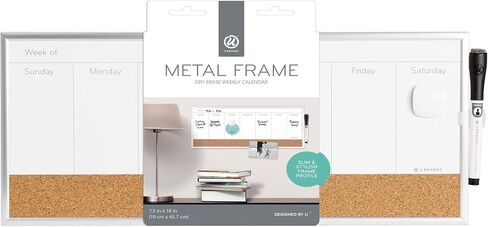U Brands Magnetic Dry Erase Weekly Calendar Board With Cork Strip, 18"x7.5", Silver Aluminum Frame, Includes Magnet, Marker in Saudi Arabia