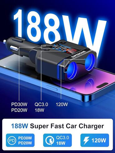 【PD30W لهاتف iPhone 15】 موزع ولاعة سجائر SUPERONE، فاصل محول ولاعة سجائر بمقبس مع PD30W وQC3.0 مزدوج، عرض جهد 12 فولت/24 فولت، مصهر 15 أمبير ومفاتيح لنظام تحديد المواقع/كاميرا داش/الهاتف in Kuwait