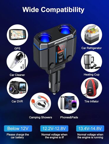 【PD30W لهاتف iPhone 15】 موزع ولاعة سجائر SUPERONE، فاصل محول ولاعة سجائر بمقبس مع PD30W وQC3.0 مزدوج، عرض جهد 12 فولت/24 فولت، مصهر 15 أمبير ومفاتيح لنظام تحديد المواقع/كاميرا داش/الهاتف in Kuwait