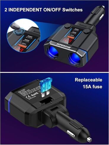 【PD30W لهاتف iPhone 15】 موزع ولاعة سجائر SUPERONE، فاصل محول ولاعة سجائر بمقبس مع PD30W وQC3.0 مزدوج، عرض جهد 12 فولت/24 فولت، مصهر 15 أمبير ومفاتيح لنظام تحديد المواقع/كاميرا داش/الهاتف in Kuwait