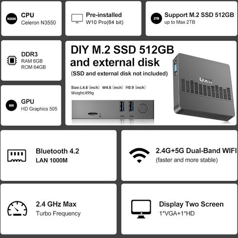 أحدث كمبيوتر شخصي صغير لعام 2023، كمبيوتر مكتبي N5095، ذاكرة وصول عشوائي DDR4X سعة 8 جيجابايت/256 جيجابايت M.2 2280 SSD+قابل للتوسيع M.2 2242 SSD+M.2 WiFi، شاشة ثلاثية 4K مع ماوس/USB/BT/LAN/HD/Type-C/ إطار معدني-ذهبي in Saudi Arabia