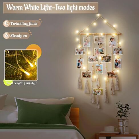 popotop Home Wall Decor Hanging Photo Display, Teenager Teen Girl Gifts,Boho Photograph Picture Ornament with LED Light String,Photo Clip Holder for Children Christmas Gifts in Kuwait