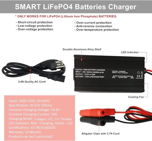 12V 20A LifePO4 Battery Charger 14.6V Smart Charger and Maintainer for LiFePO4 Lithium-Iron Deep Cycle Rechargeable Batteries in Kuwait